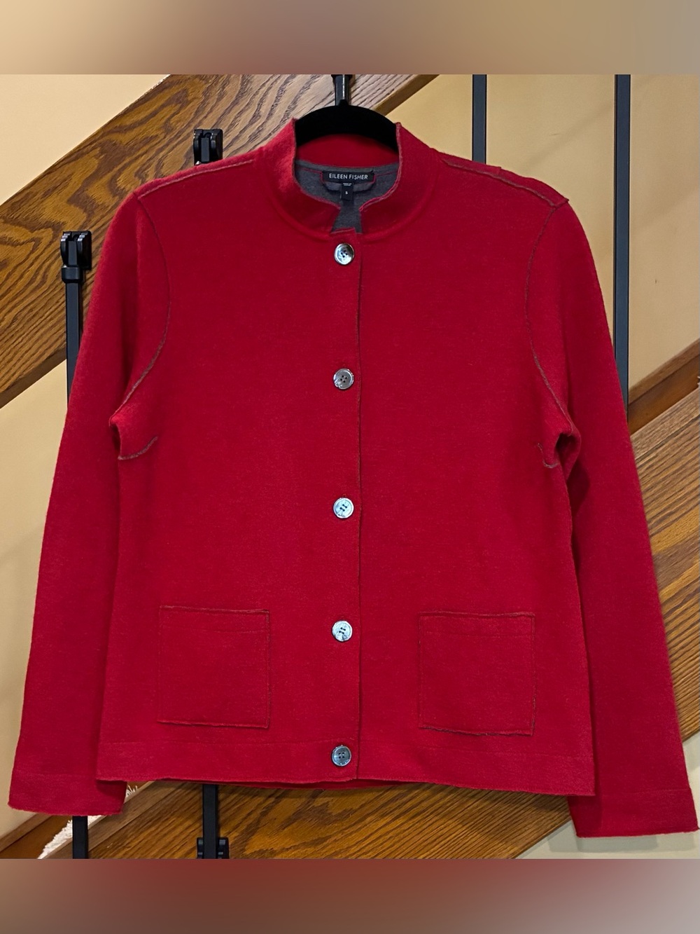 Eileen Fisher Jacket Red Boiled Wool Button Front faux Pockets elbow patch SZ. S